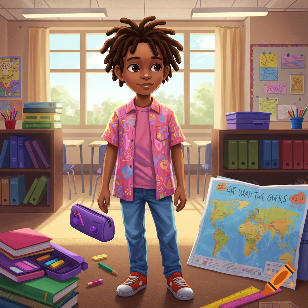 A cartoon illustration of a boy with dreadlocks standing in a classroom with books and a world map.