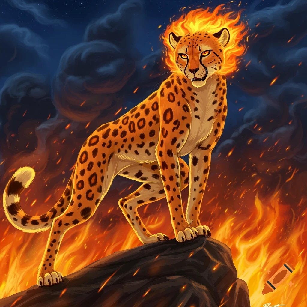 A digital painting of a fierce cheetah with a fiery mane standing on a rock surrounded by flames under a dark, cloudy sky.