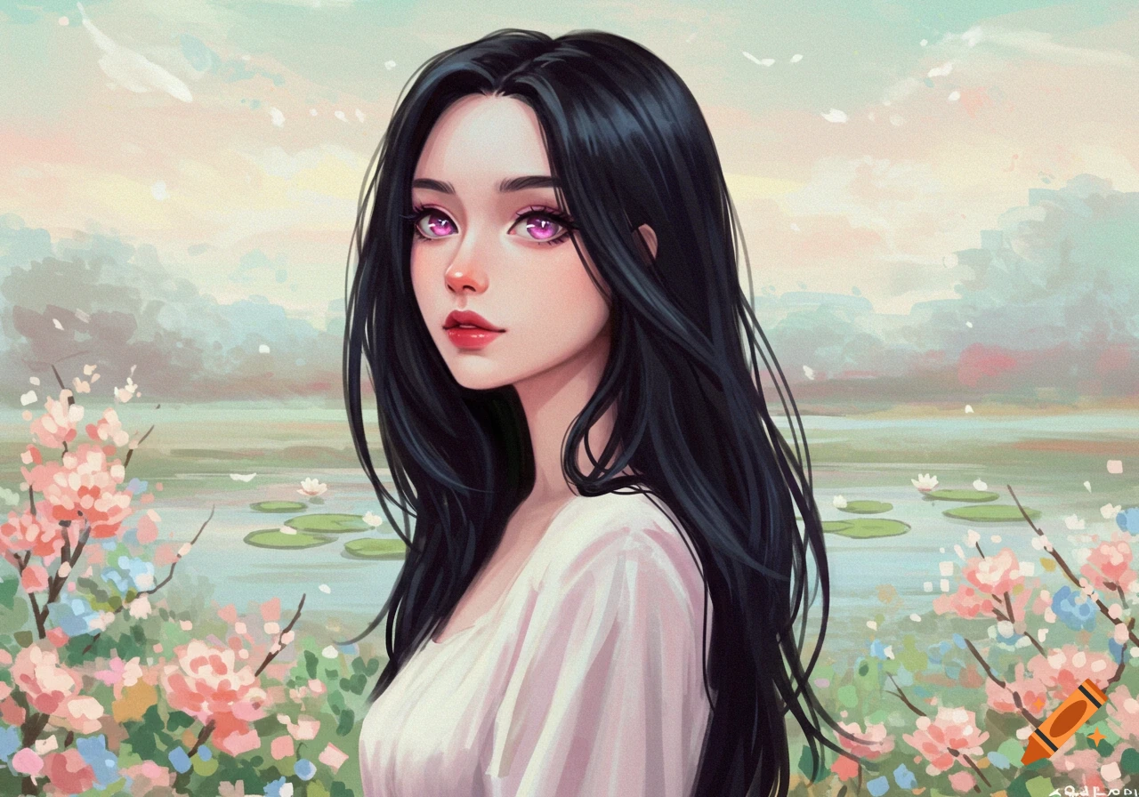 A digitally painted portrait of a woman with long black hair and pink eyes in a pastel floral setting.