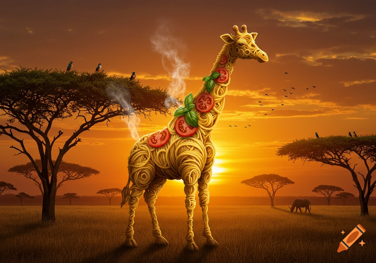 A surreal giraffe made of spaghetti with tomato slices and basil stands in a savanna at sunset, with birds and a rhino in the background.