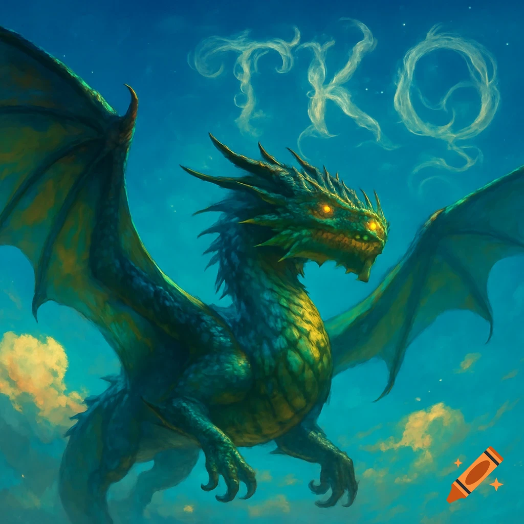 A vibrant green and yellow dragon with glowing eyes flies through a blue sky with clouds forming the letters TKO.
