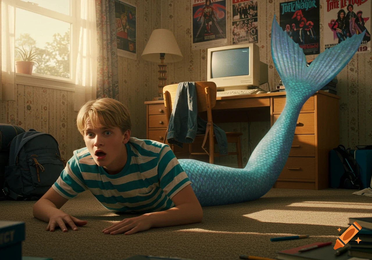 A surprised blond high school freshman merman in a striped shirt lies on his stomach on a bedroom floor, his blue tail behind him.