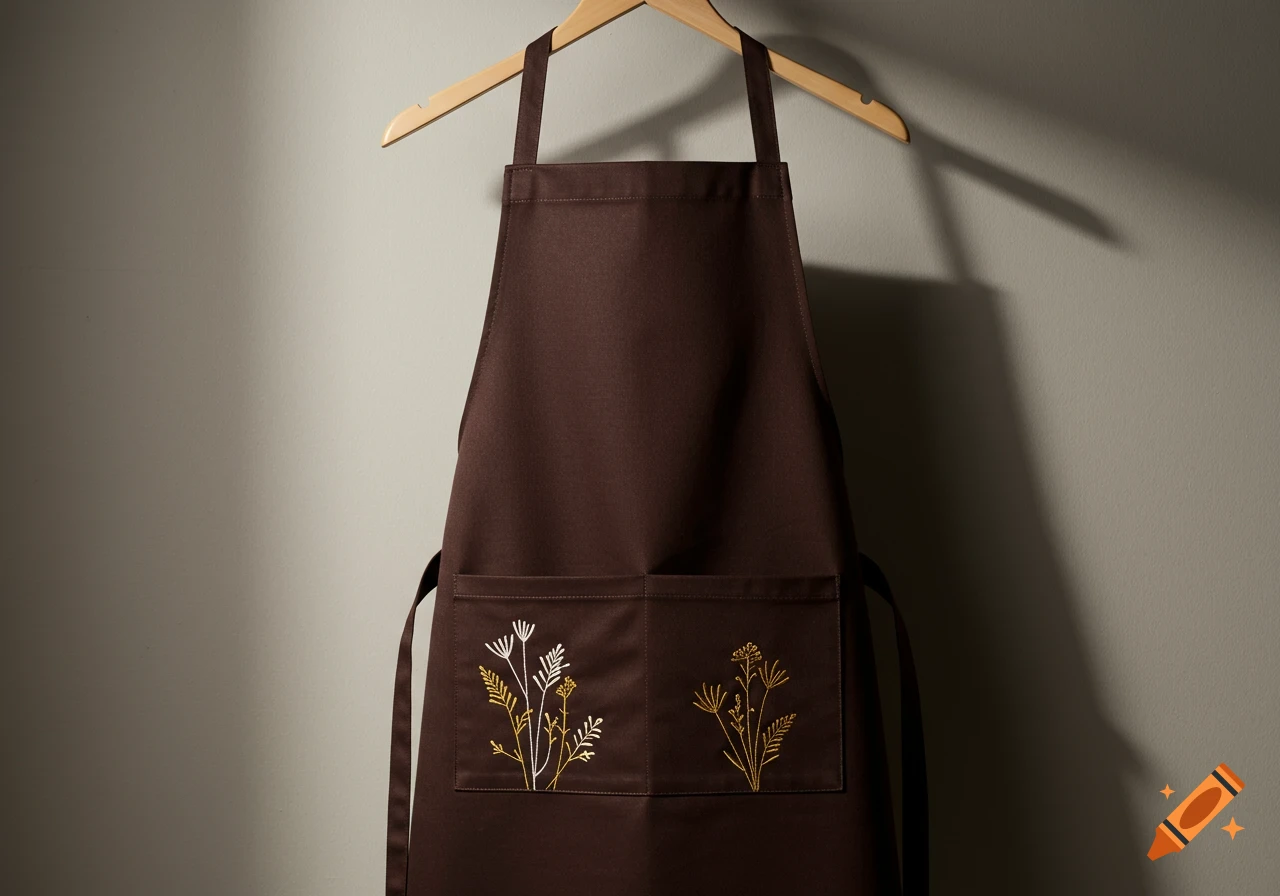A dark brown apron with cream and gold floral embroidery on its pockets, hanging on a wooden hanger against a neutral wall.