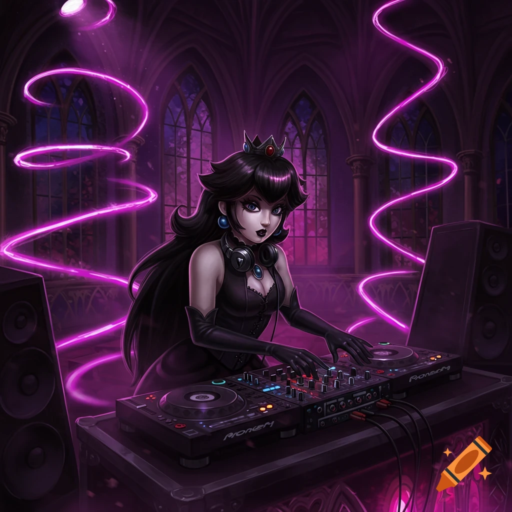 A goth princess character with black hair and outfit DJing in a dark, purple-lit gothic setting.