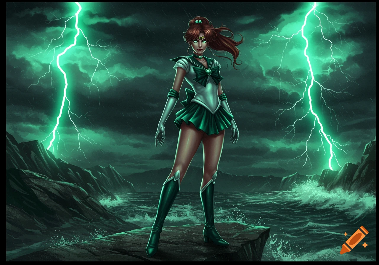 Sailor Jupiter stands on a rock by a stormy sea with green lightning in a dark anime art style.