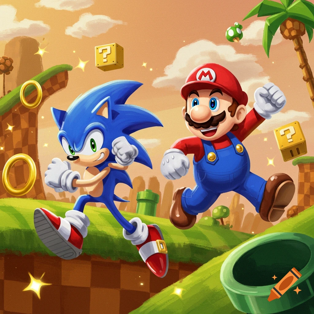 Sonic and Mario run through a vibrant, cartoon landscape with rings and question blocks.