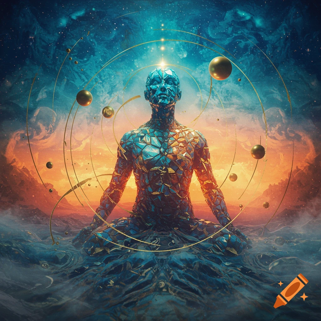 A meditating figure made of blue and gold fractured segments floats in cosmic waters under a vibrant orange and blue sky with orbiting golden spheres.