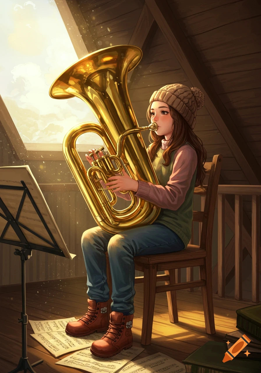 A cartoon girl with long brown hair and a beanie plays a golden tuba in a sunlit attic, surrounded by sheet music.