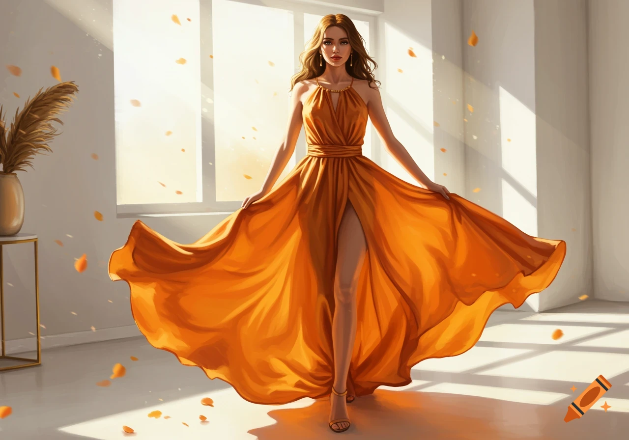 A woman in a flowing orange dress walks in a sunlit room, with leaves scattered on the floor. Illustrative style.
