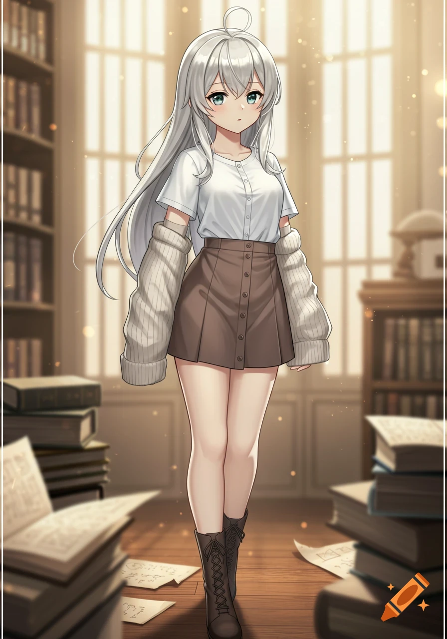 An anime girl with long silver hair and green eyes stands in a library, wearing a white shirt, brown skirt, and oversized arm warmers.