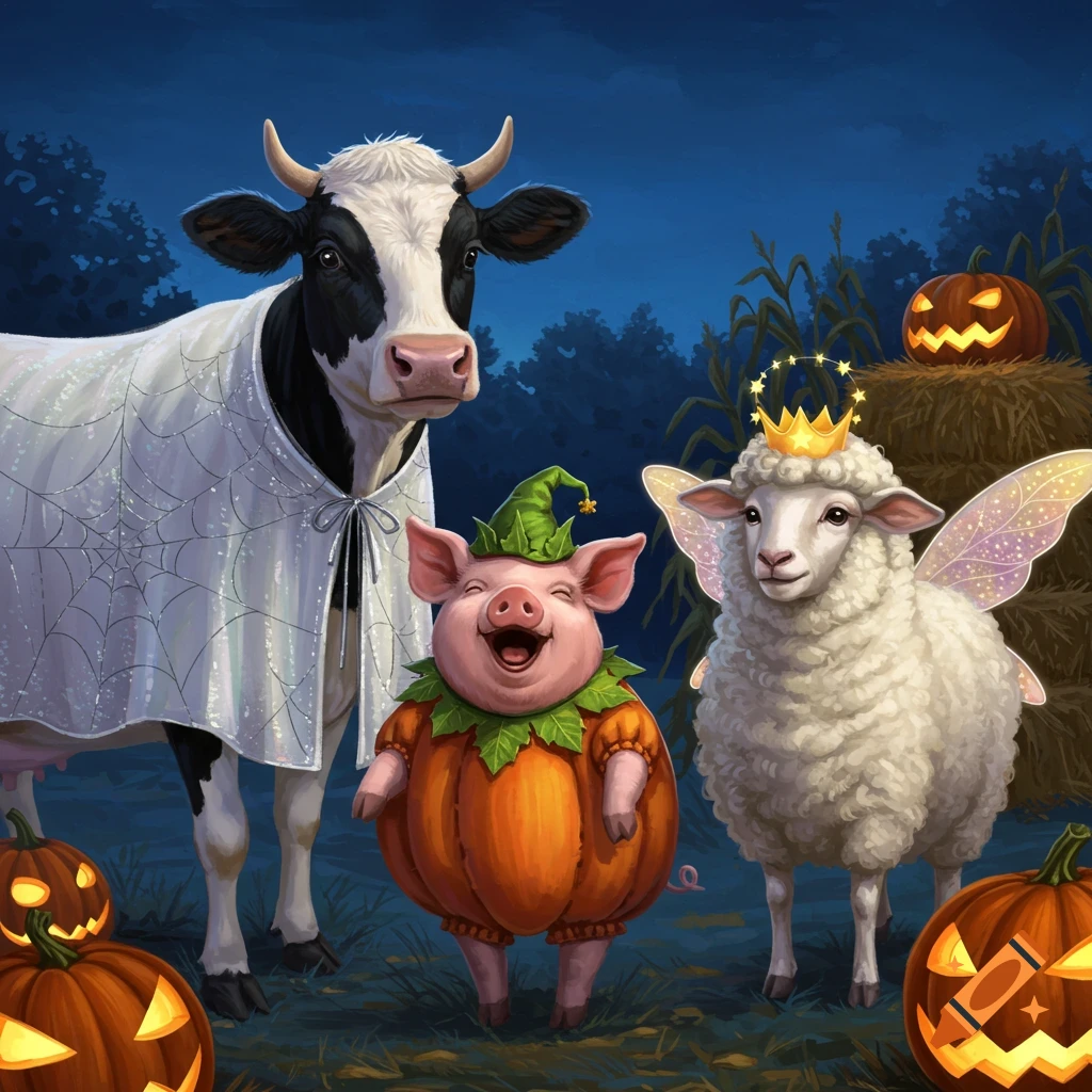 A cow in a ghost costume, a pig in a pumpkin costume, and a sheep in a fairy costume with a crown stand among jack-o'-lanterns at night.