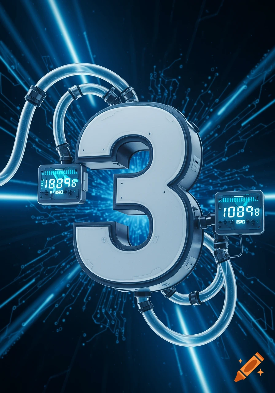 A futuristic, tech-style number 3 in light gray and dark blue, connected by clear pipes resembling flow meters with digital displays showing numbers, set against a dark blue background with glowing circuit lines and light rays.