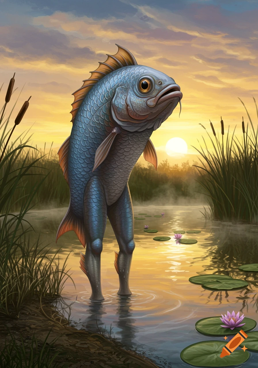 A surreal fish with human-like legs stands in a marsh at sunrise or sunset, with golden light reflecting on the water among lily pads.