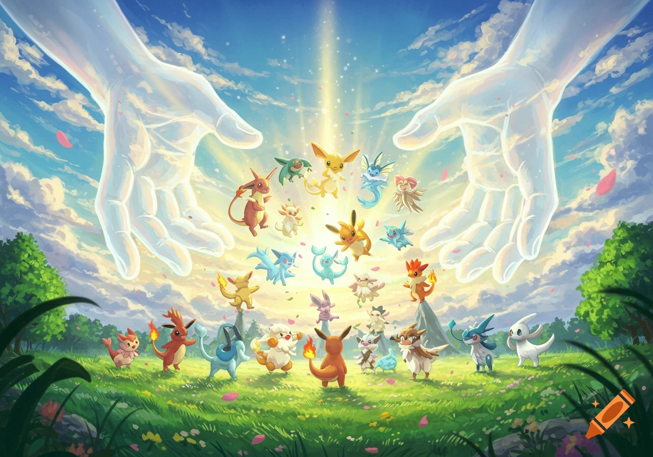 Giant glowing hands descend from the sky, gathering many colorful Pokémon creatures on a vibrant green field.