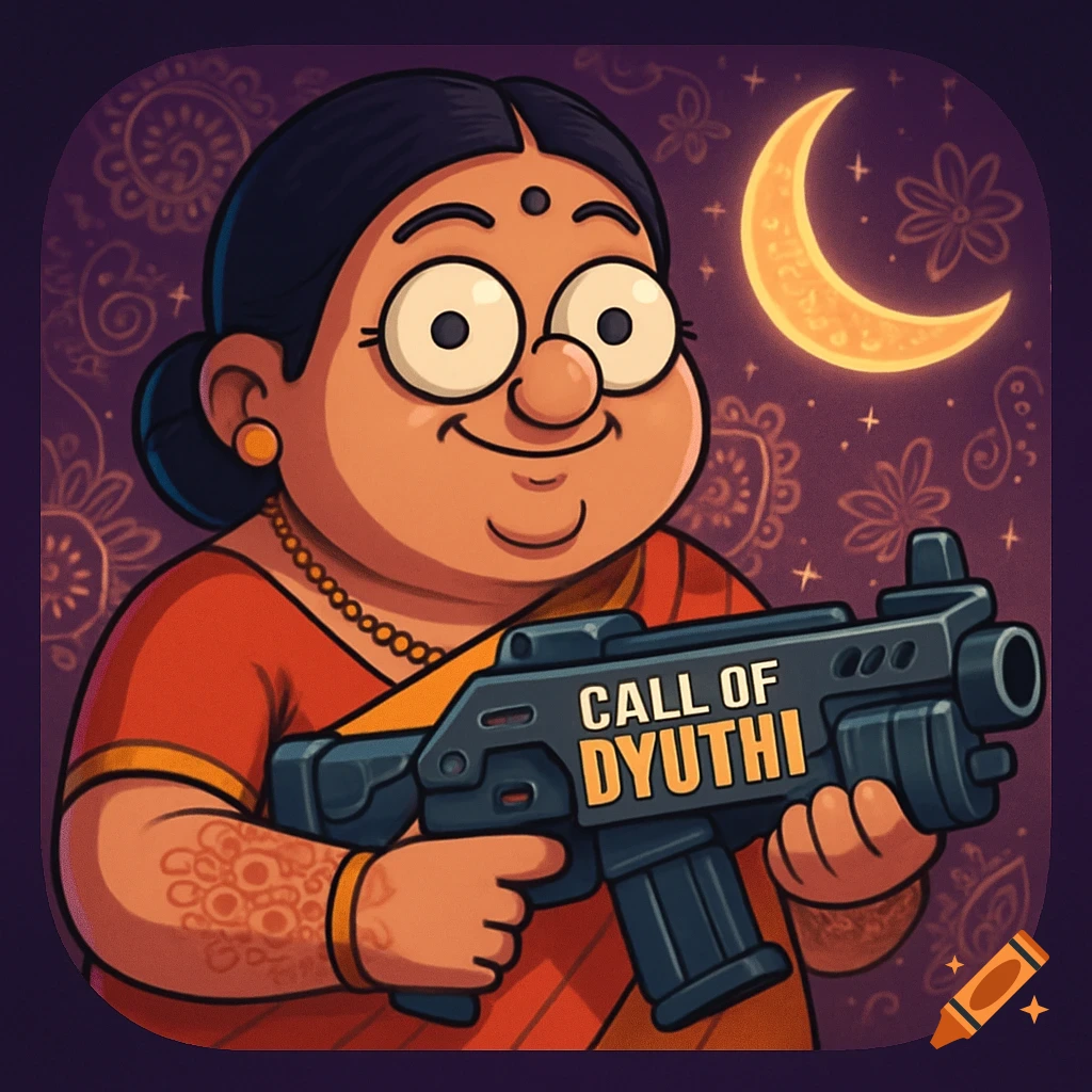 A cartoon app icon depicting an Indian woman with big eyes holding a rifle labeled "CALL OF DYUTHI" against a moonlit, patterned purple background.