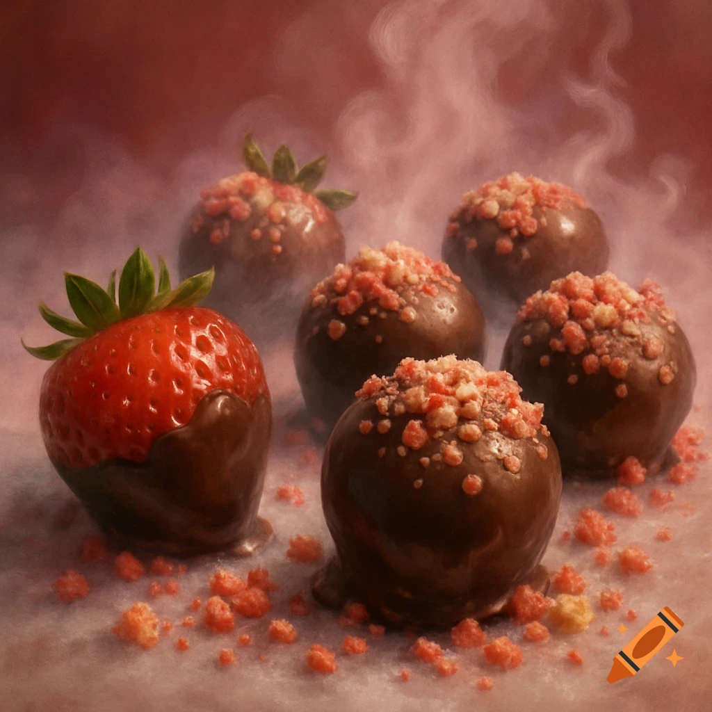 Several chocolate-dipped strawberries and truffles topped with pink crunch on a misty red background, photorealistic style.