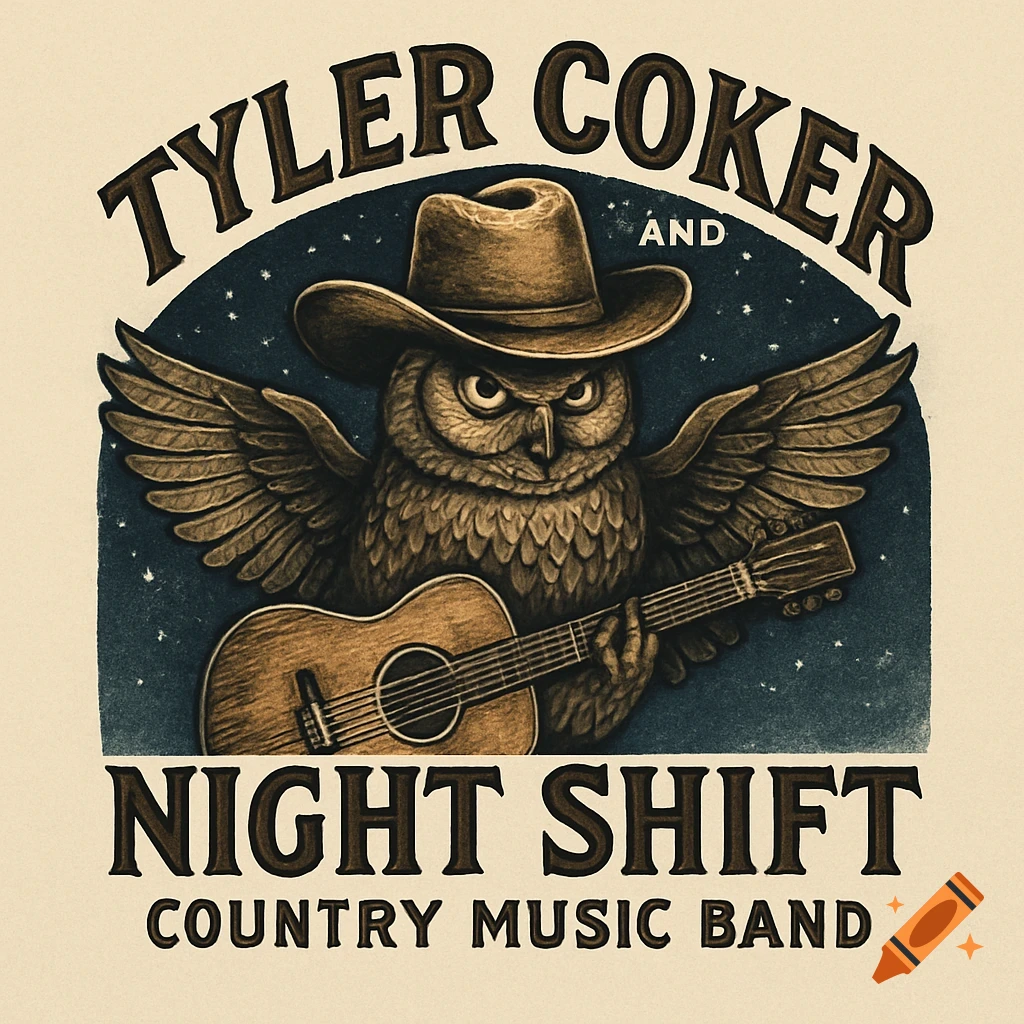 An illustrated logo featuring a stern owl wearing a cowboy hat, holding an acoustic guitar, set against a starry night background. Text reads 'TYLER COKER AND NIGHT SHIFT COUNTRY MUSIC BAND'.