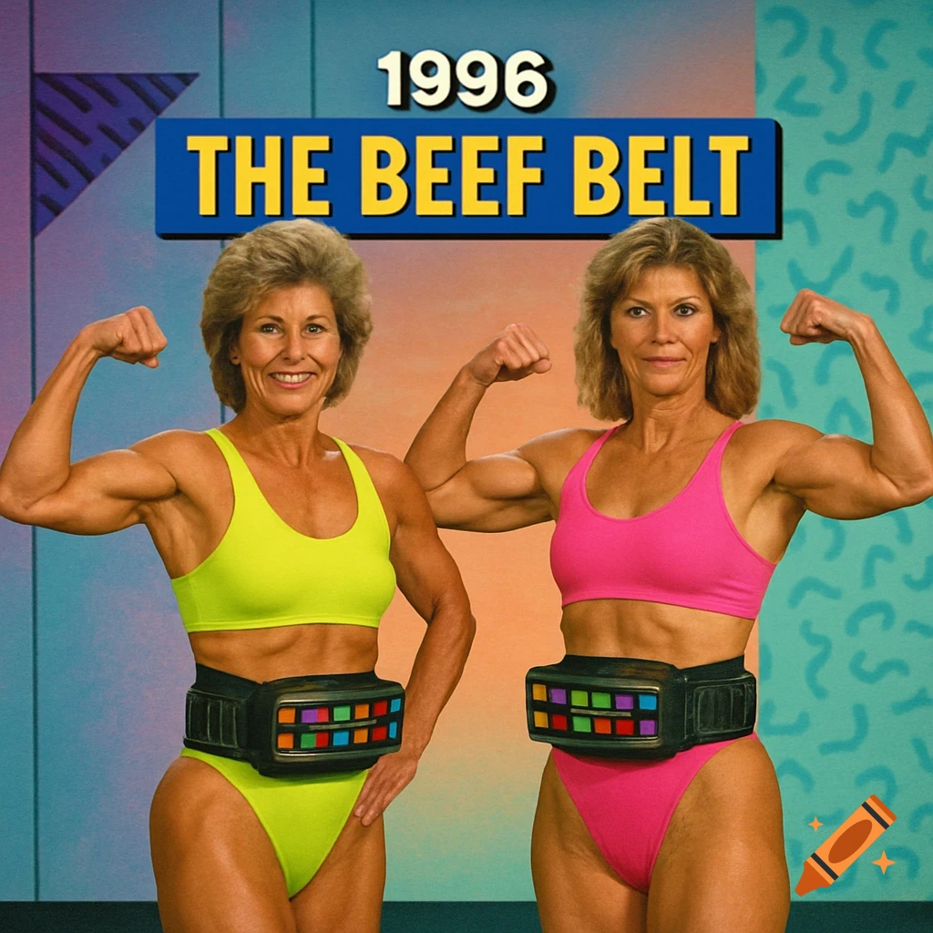 Two muscular women in neon sports bras and swimsuits flex while wearing "The Beef Belt" on a colorful, retro 1996 infomercial set.