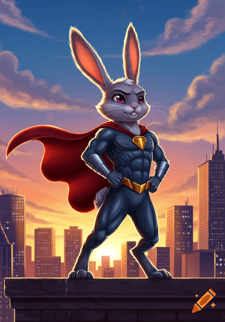 A powerful superhero bunny in a blue suit and red cape stands on a city rooftop at sunset.