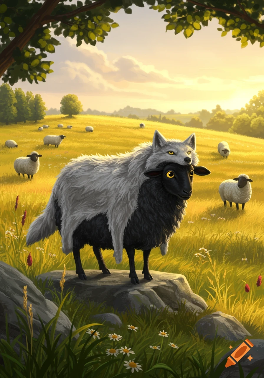 A black sheep disguised in a grey wolf's pelt stands on a rock in a sunny green field with other white sheep and trees in the background, in an illustrative style.