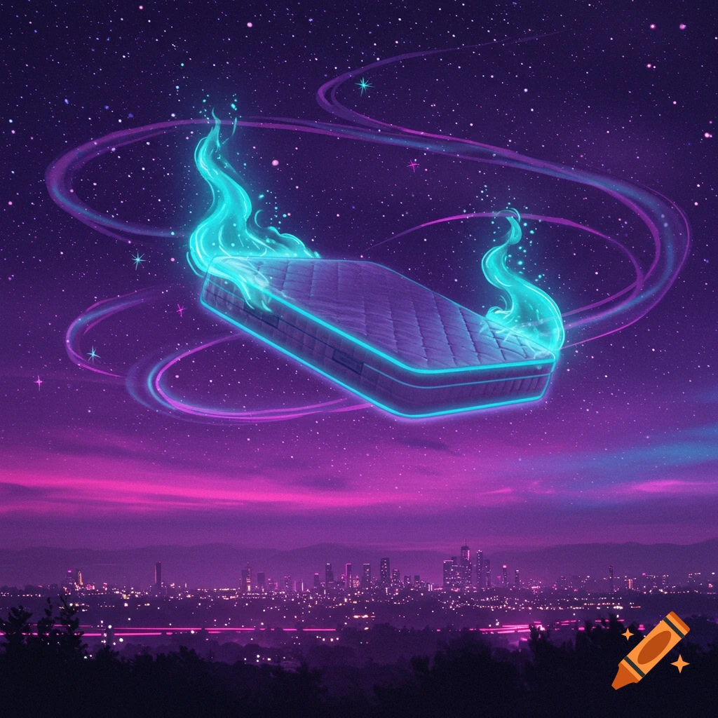A mattress with glowing blue spirit flames floats above a neon purple city skyline under a starry night sky.