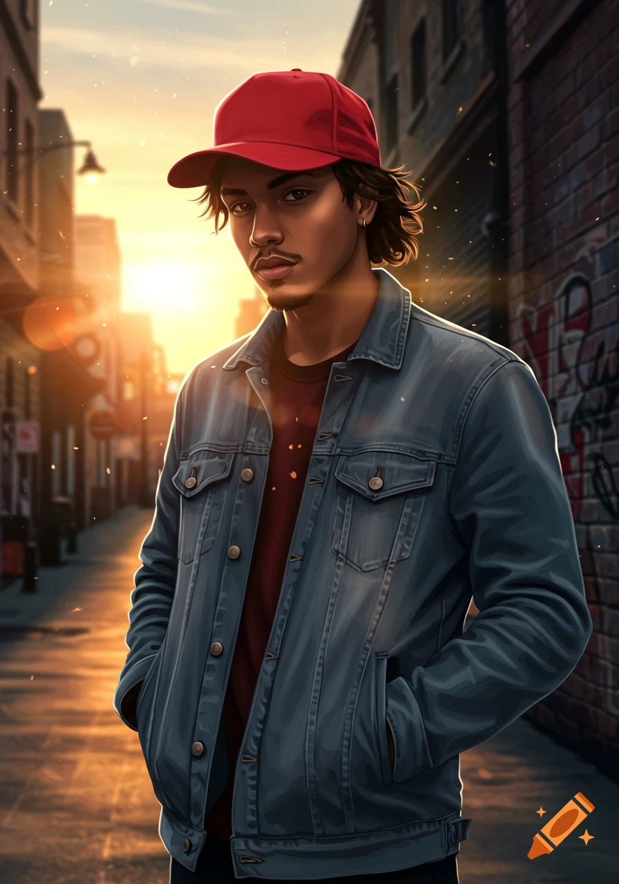 A young man wearing a red baseball cap, red t-shirt, and denim jacket stands on a sunlit urban street in a digital art style.