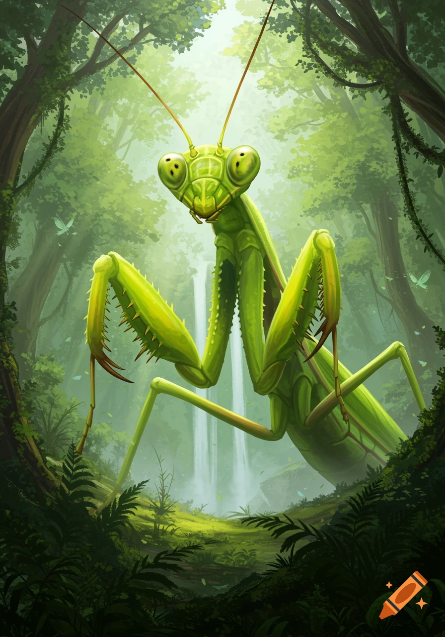 A colossal green praying mantis stands prominently in a vibrant, misty forest with a waterfall in the background, in an illustrated style.