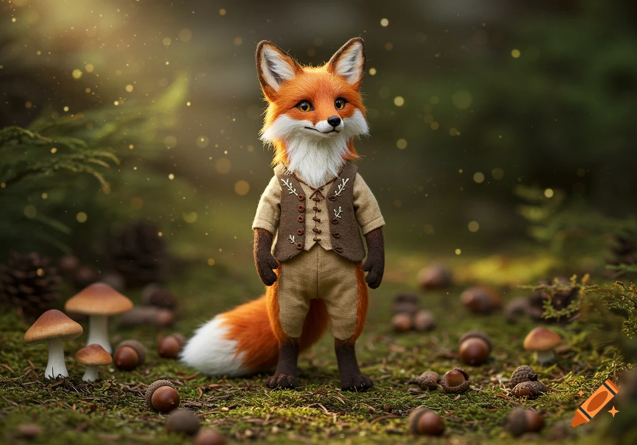 A cute anthropomorphic fox figurine in a brown vest and tan pants stands in a mossy forest floor among mushrooms and acorns, bathed in golden light.