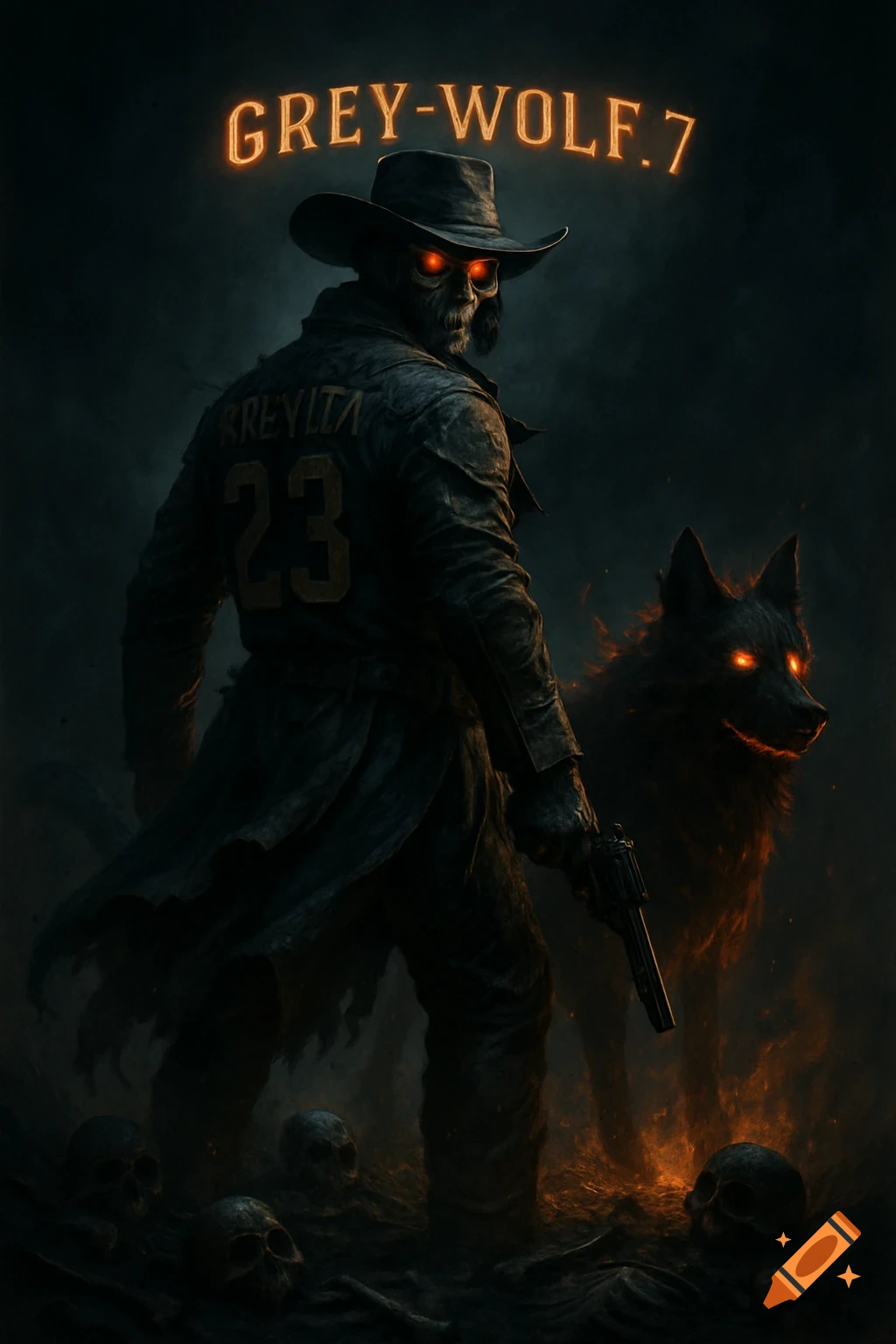 A menacing cowboy-like figure with glowing red eyes stands with a fiery wolf and a gun amidst skulls in a dark fantasy setting. Text 'GREY-WOLF.7' floats above.