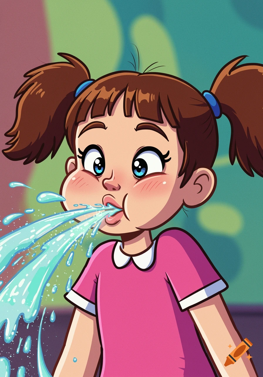 A cartoon girl with pigtails and a pink shirt spits a stream of water.