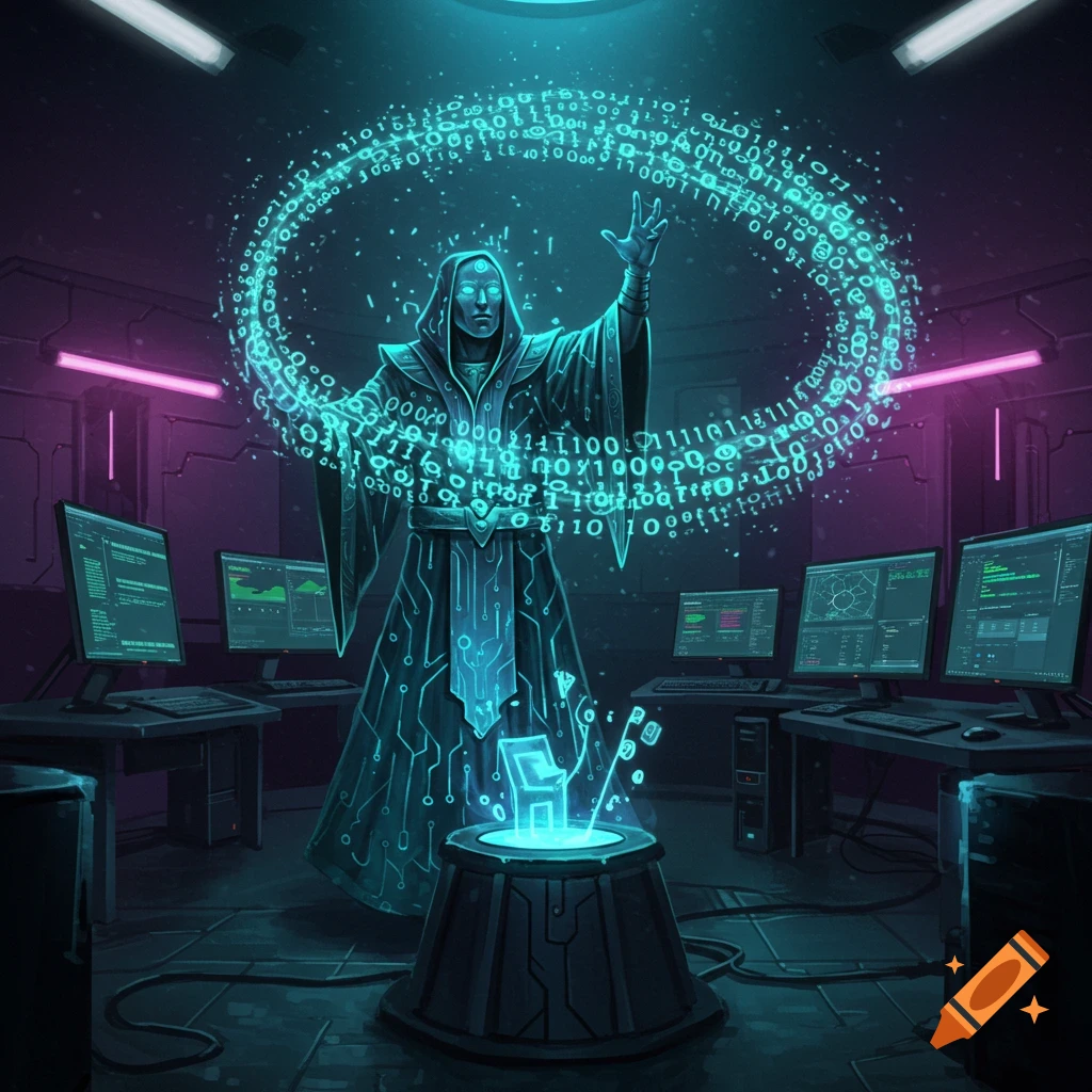 A hooded wizard-like figure in a futuristic data center, raising a hand to manipulate a glowing ring of binary code. Several computer monitors surround him.
