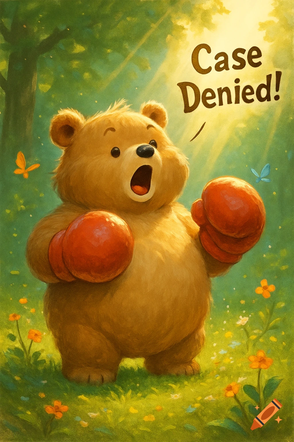 A cute, surprised cartoon bear wearing red boxing gloves stands in a sunny forest clearing, exclaiming 'Case Denied!'