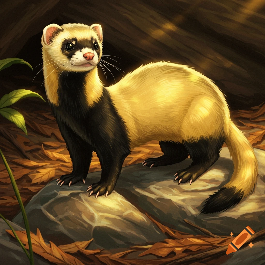 A black-footed ferret with yellow-buff and black markings stands on a rock surrounded by fallen autumn leaves.