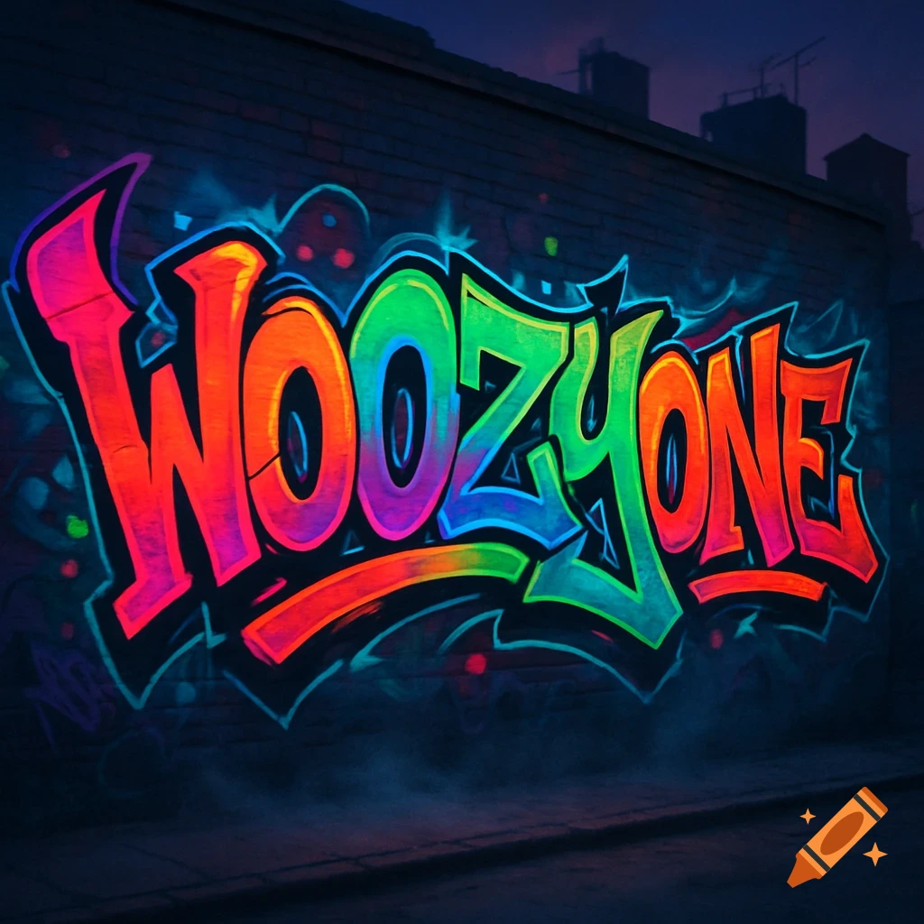 A colorful neon-style graffiti tag spelling "WOOZYONE" on a dark brick wall at night, with a subtle glow.