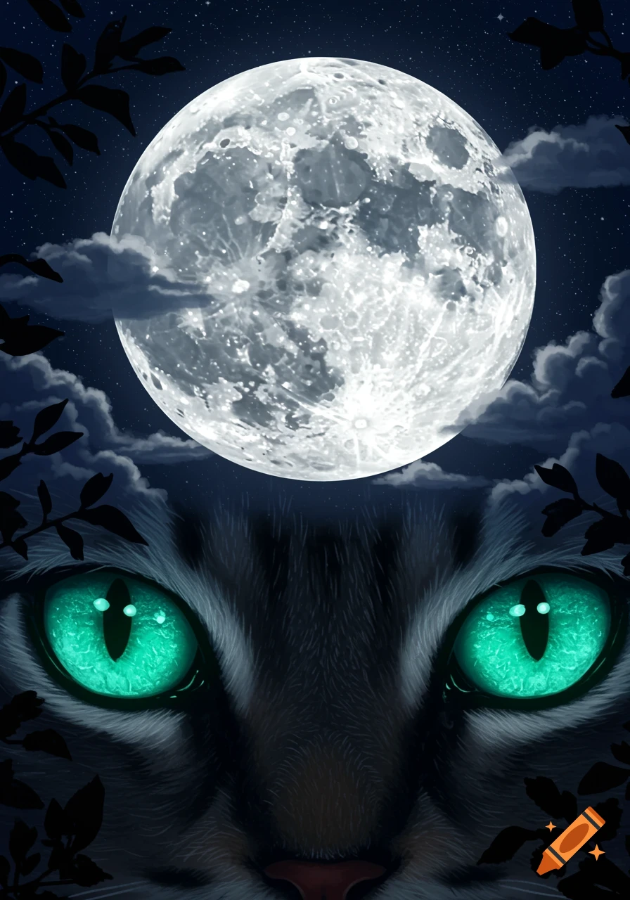 A close-up of a cat's bright teal eyes looking out from shadow, with a large, detailed full moon in the dark, starry night sky above.