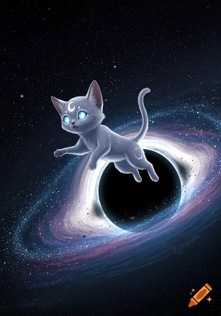 A stylized grey cat with glowing blue eyes and crescent moon markings floats above a swirling black hole in space.