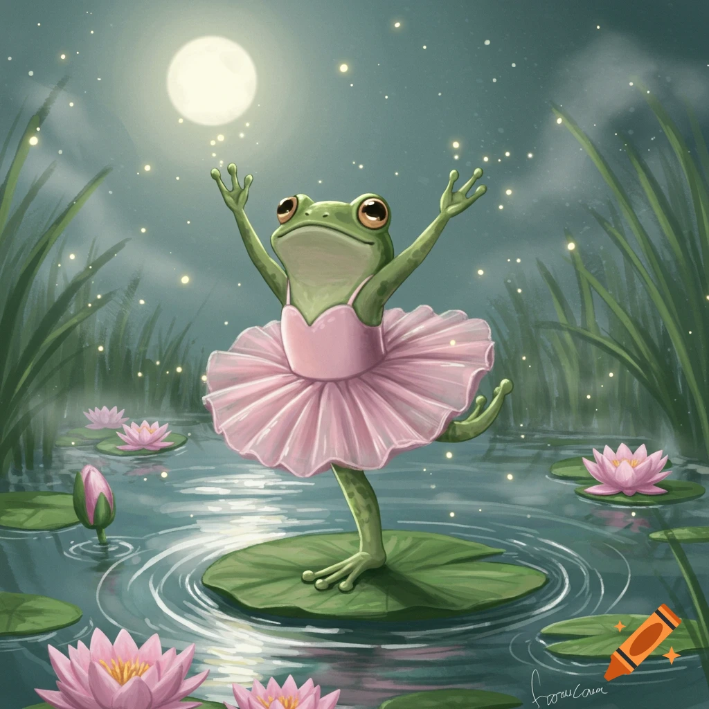 A whimsical illustration of a green frog in a pink ballerina tutu dancing on a lily pad in a moonlit pond surrounded by water lilies.