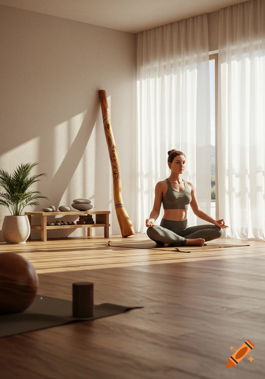 A woman meditating on a yoga mat in a sunlit room, with a didgeridoo leaning against the wall.