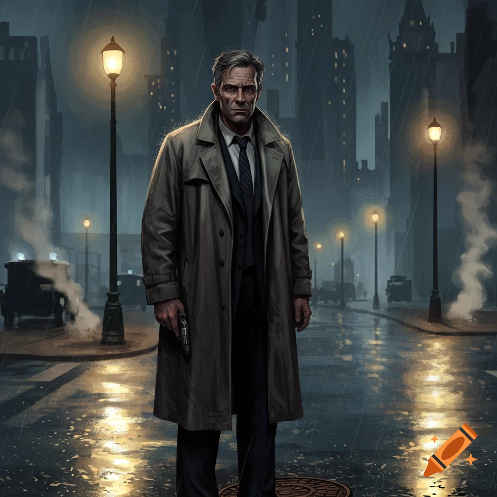 A rugged older man in a trench coat holds a gun on a rainy, streetlight-lit city street at night, in a noir art style.