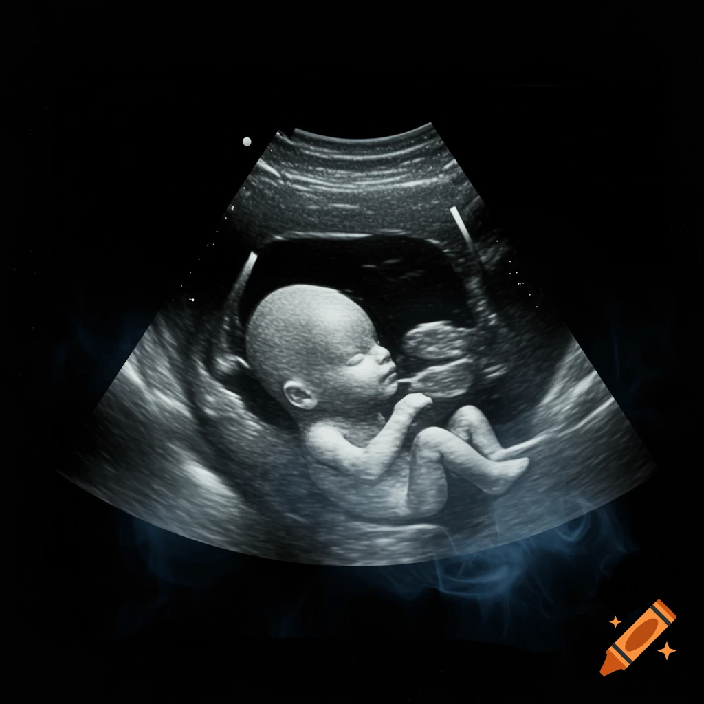 A grayscale ultrasound image showing a human fetus in the womb.