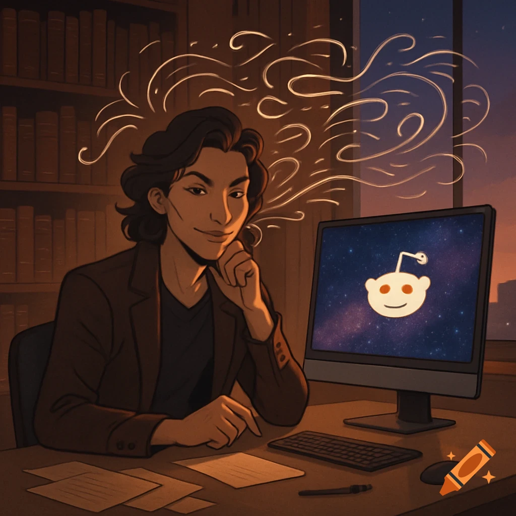 An illustration of a person sitting at a desk, looking at a computer screen displaying the Reddit logo, with a bookshelf behind them and a city view at sunset.