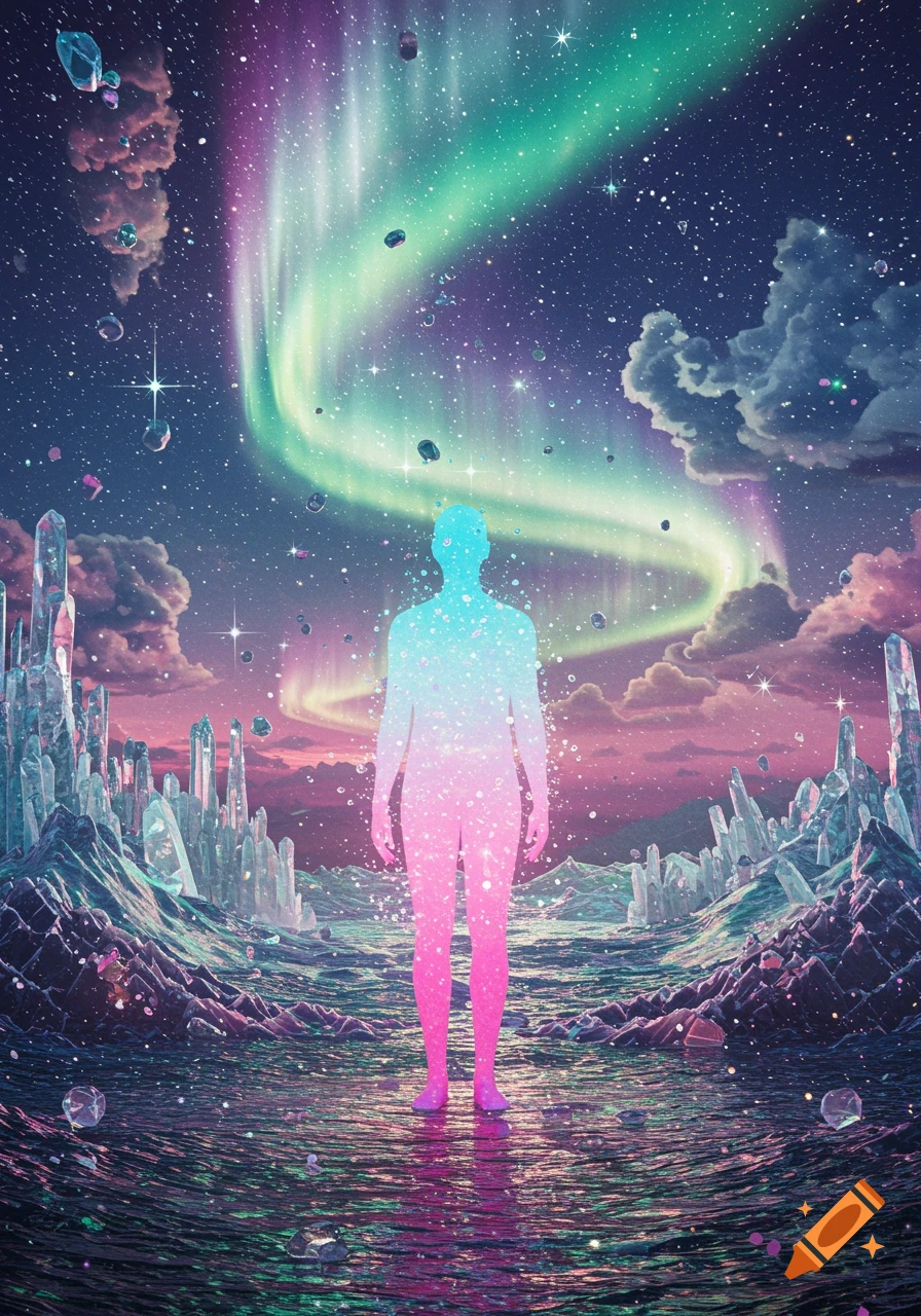 A luminous, gradient human silhouette stands in a fantastical cosmic landscape with crystal formations, a starry sky, and a vibrant aurora borealis.