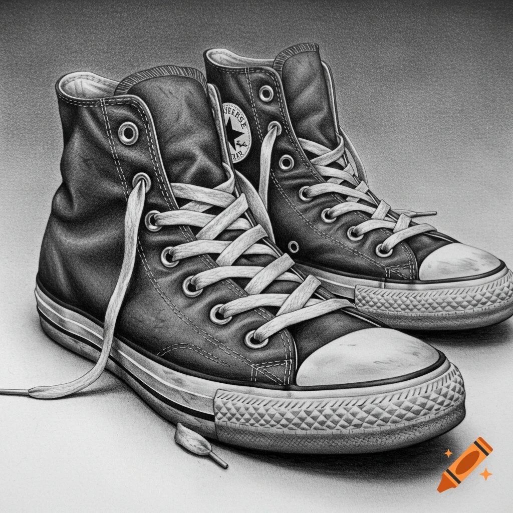 A realistic graphite drawing of a pair of high-top sneakers, with one shoelace untied, rendered in grayscale.