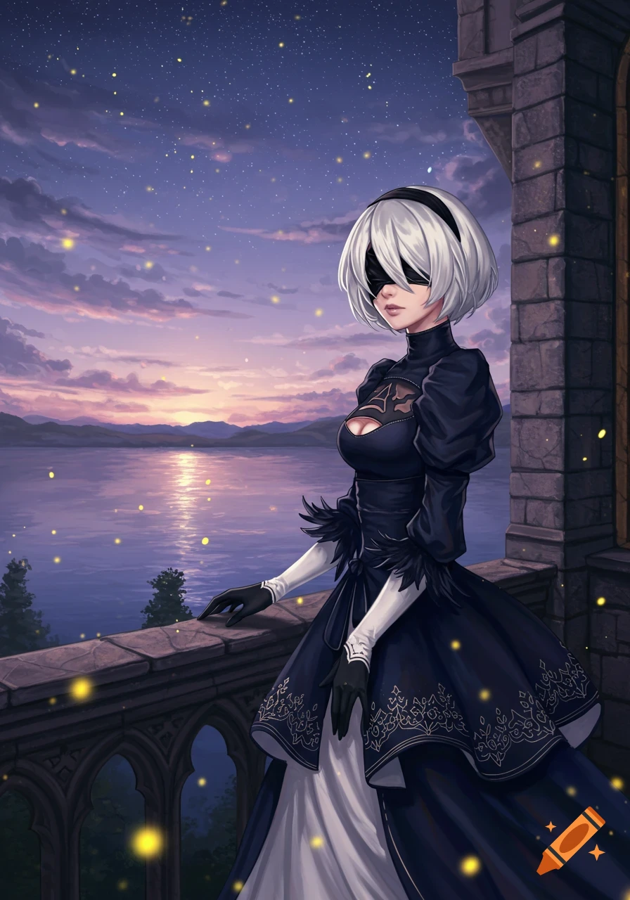 Anime character 2B in a medieval dress on a balcony overlooking a starry lake at sunset, digital painting.
