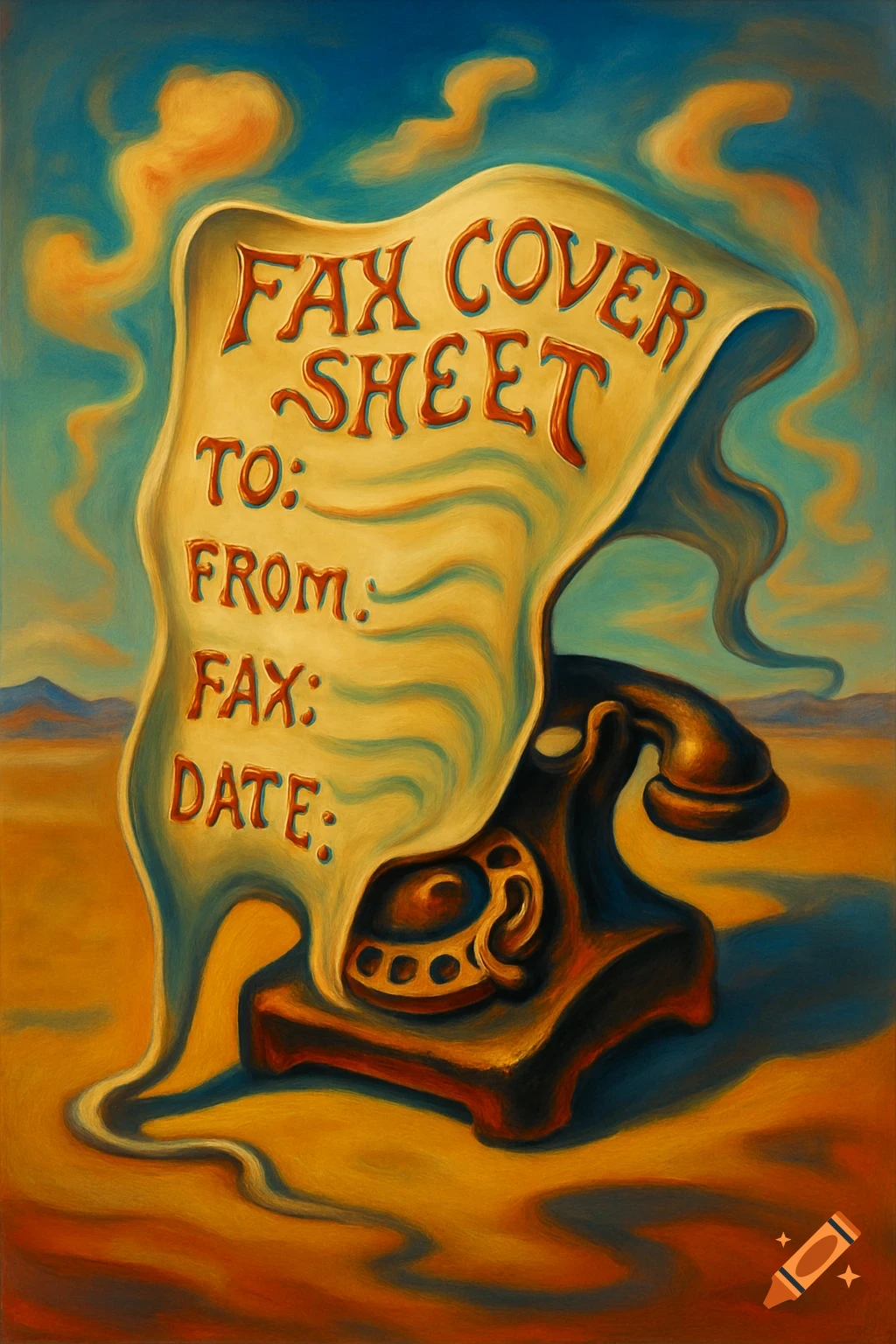 A surreal painting in the style of Salvador Dal showing a melting fax cover sheet draped over an old telephone in a desert landscape.
