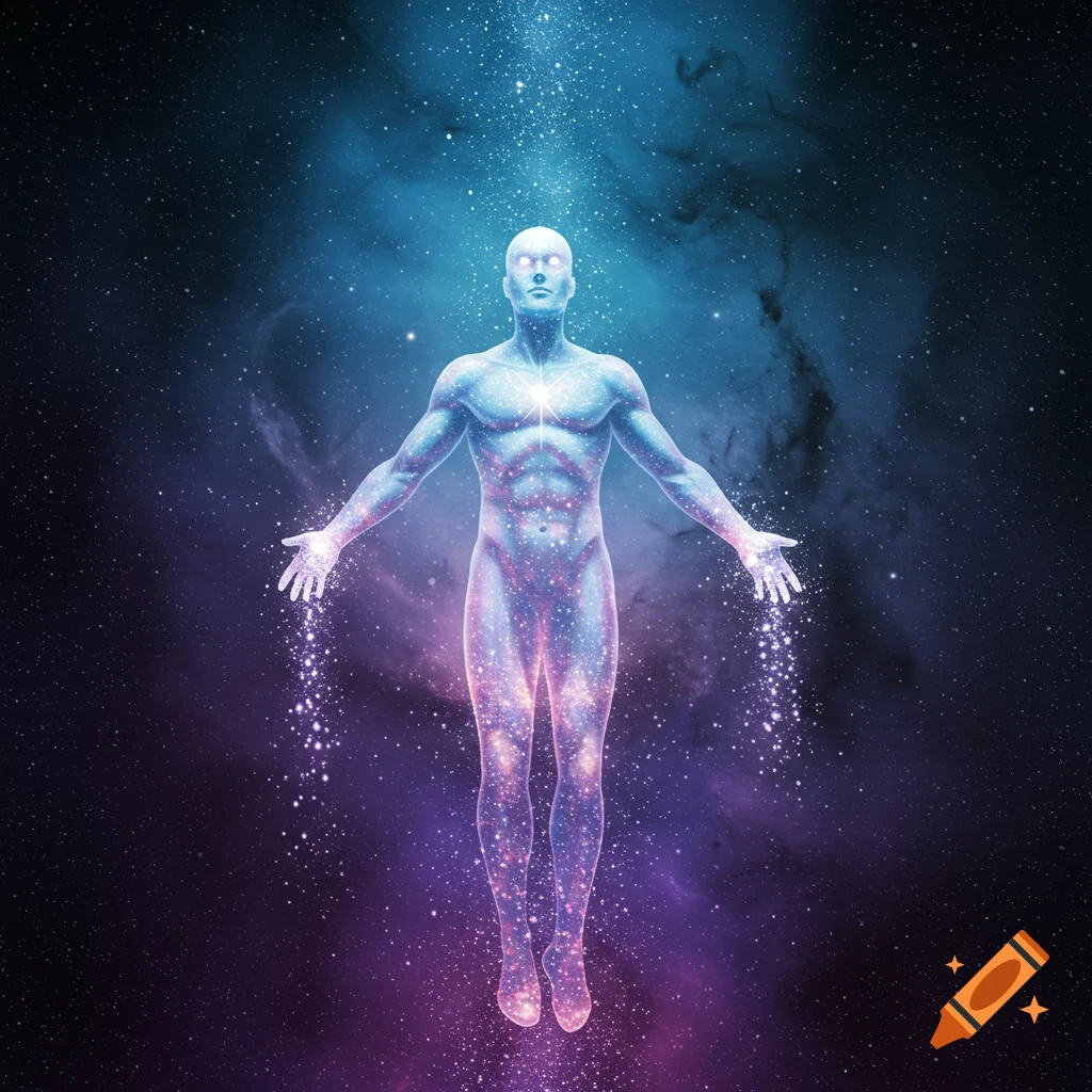 A translucent, glowing human-like figure composed of stars floats in a vast cosmic nebula with purple and blue hues.