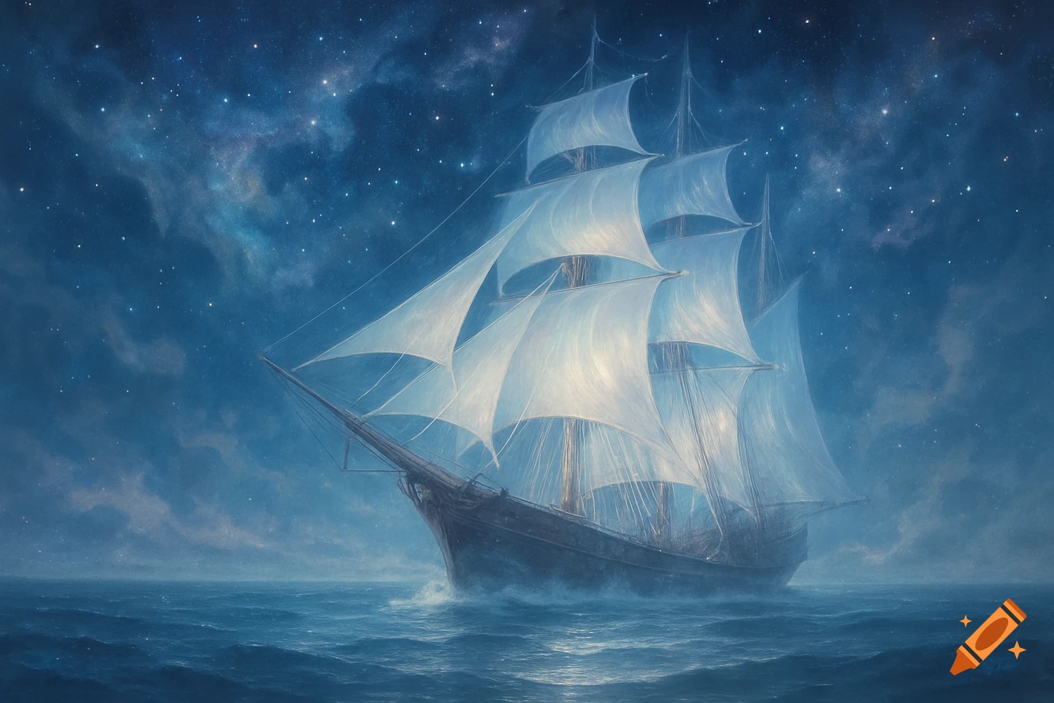 A majestic tall ship with white sails illuminated, sailing on a deep blue, starry sea under a mystical night sky. Ethereal painting.