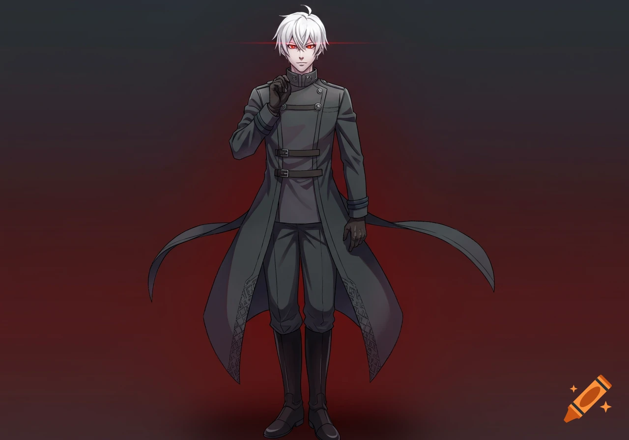 An anime man with white hair, red eyes, and pale skin wearing a dark gray trench coat and black boots stands against a red and black background.