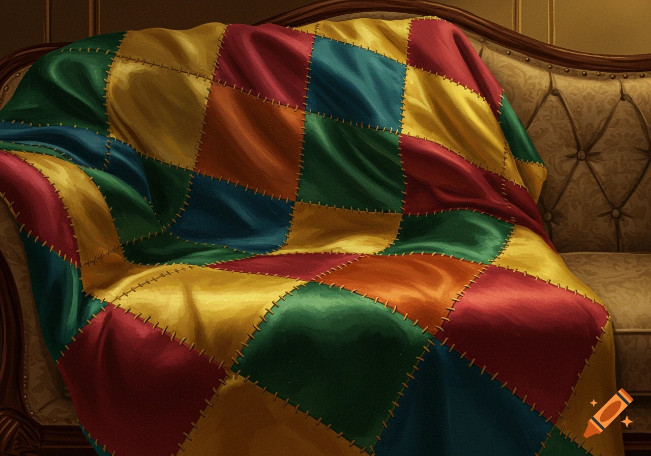 A colorful patchwork blanket made of satin and felt draped over a patterned couch.