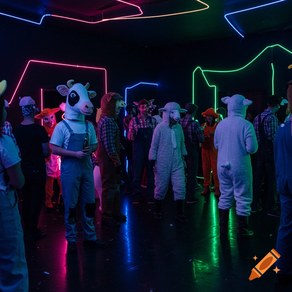 People in farm animal costumes and farmer outfits stand in a dark room illuminated by colorful neon lights.